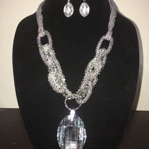 Statement Crystal Pendant Necklace w/ Matching Earrings